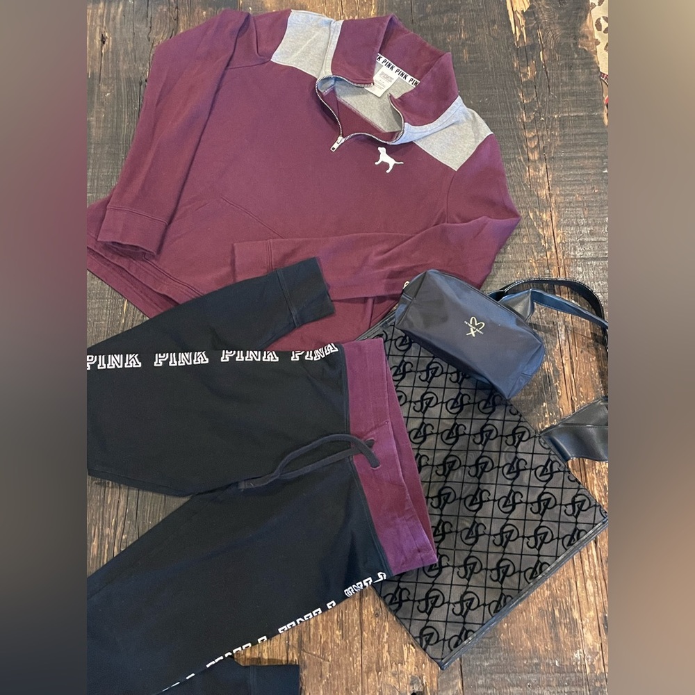 PINK Victoria’s Secret Quarter-Zip Pullover & Yoga Pants WITH Tote & Pouch SET